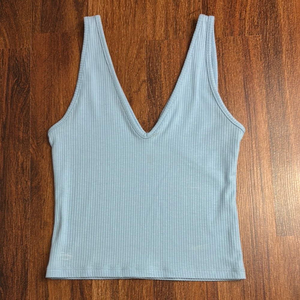 Light Blue Ribbed V-Neck Women's Top